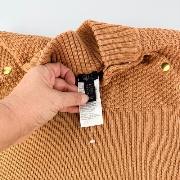 EUC G.I.L.I. Tan Mock Neck Knit Sweater Cape Poncho Gold Button Detail M/L - Picture 8 of 10